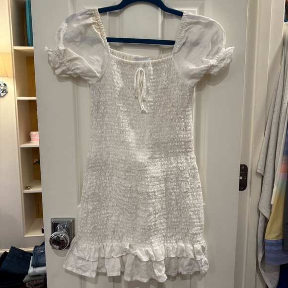 Faithfull The Brand Cette Mini Dress White size XS Linen Puff Sleeve Smocked - Picture 2 of 13